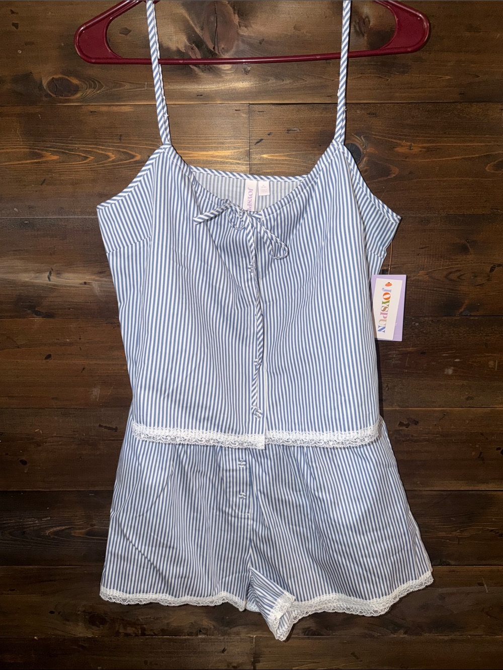Striped Lace-Trim Cami and shorts sleep set in Light Blue & White